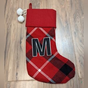 Kohl's Red Plaid Christmas Stocking M, White Pom Poms